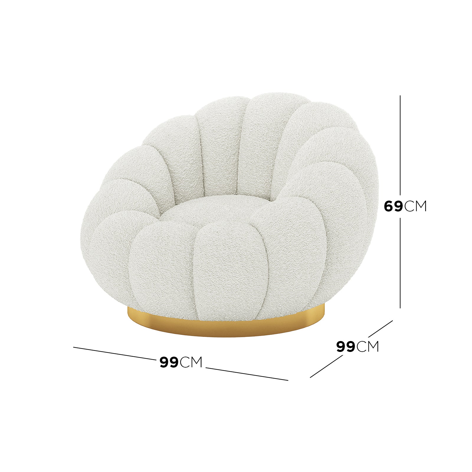 Beare Boucle Swivel Gold Base Accent Chair in Cream White, showcasing a scallop-style back, white bouclé fabric, and circular gold base, measured at 99 cm wide and 69 cm high.