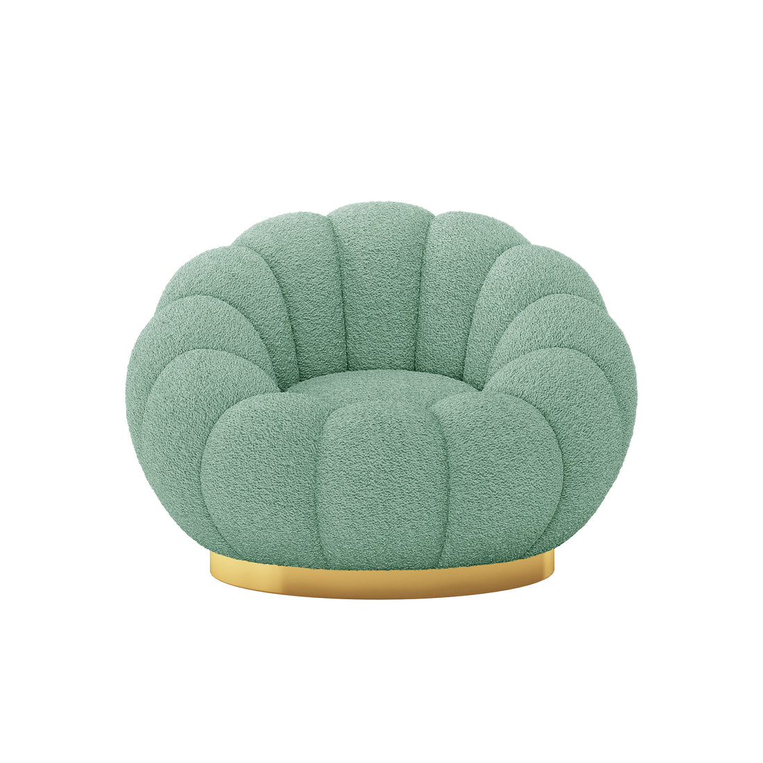 Beare Boucle Swivel Gold Base Accent Chair in Light Green features scalloped, padded segments forming a cloud-like profile on a circular gold-tone base, showcasing modern elegance and comfort.