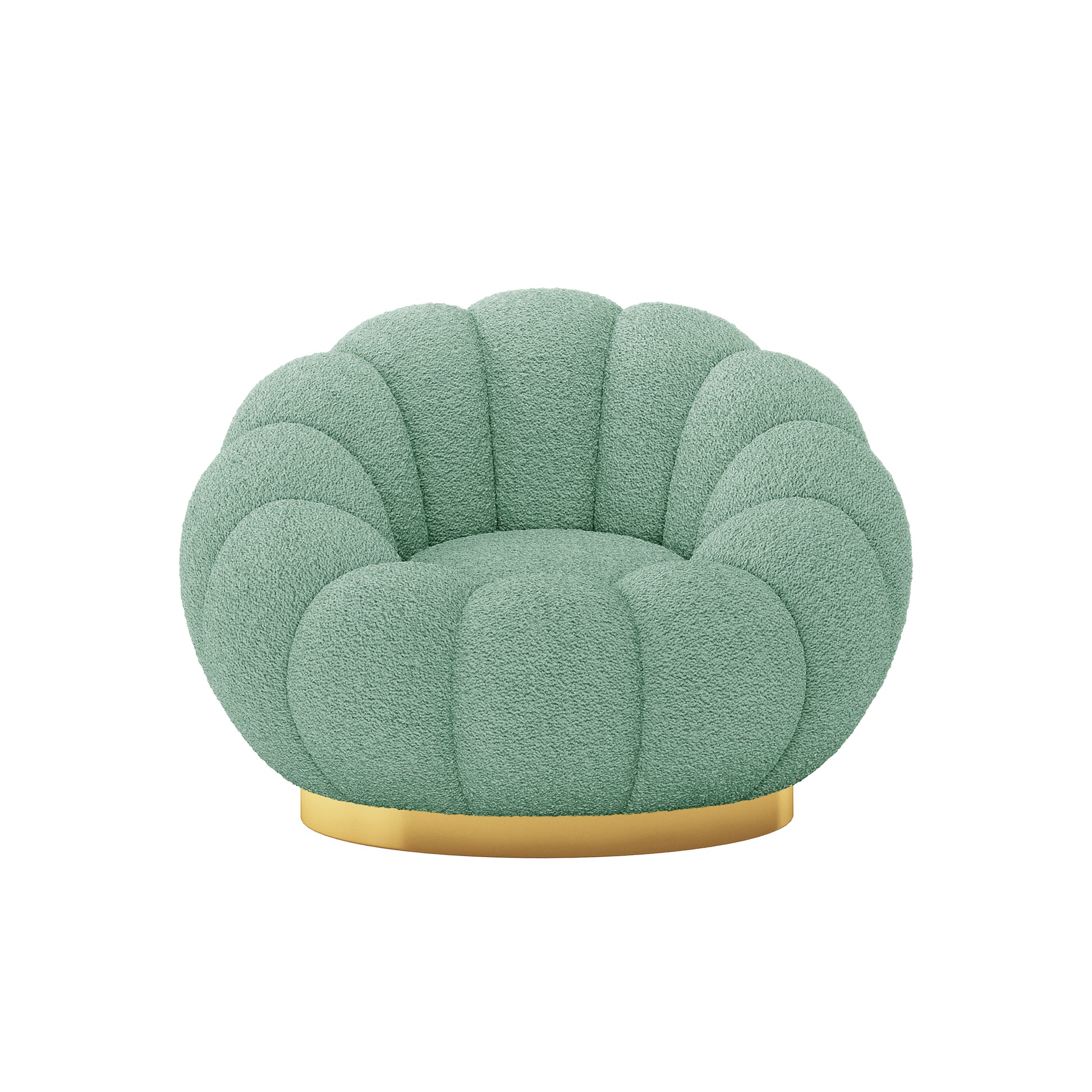 Beare Boucle Swivel Gold Base Accent Chair in Light Green features scalloped, padded segments forming a cloud-like profile on a circular gold-tone base, showcasing modern elegance and comfort.