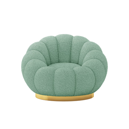 Beare Boucle Swivel Gold Base Accent Chair in Light Green features scalloped, padded segments forming a cloud-like profile on a circular gold-tone base, showcasing modern elegance and comfort.