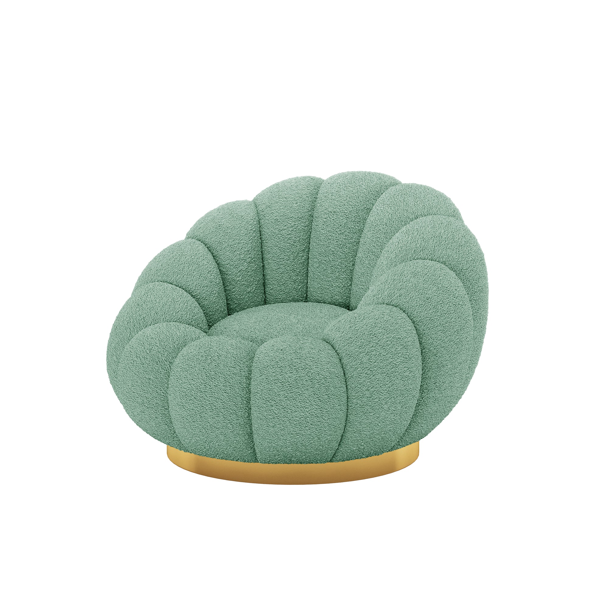 Beare Boucle Swivel Gold Base Accent Chair in Light Green featuring a scalloped, petal-like back, mint-green boucle upholstery, and a brushed-gold round swivel base, offering luxury and modern elegance.