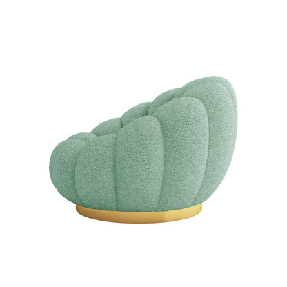 Beare Boucle Swivel Accent Chair w/ Gold Base Light Green, showcasing boucle fabric texture, sturdy wood frame, and elegant gold-finished swivel base, designed for luxury seating in compact spaces.