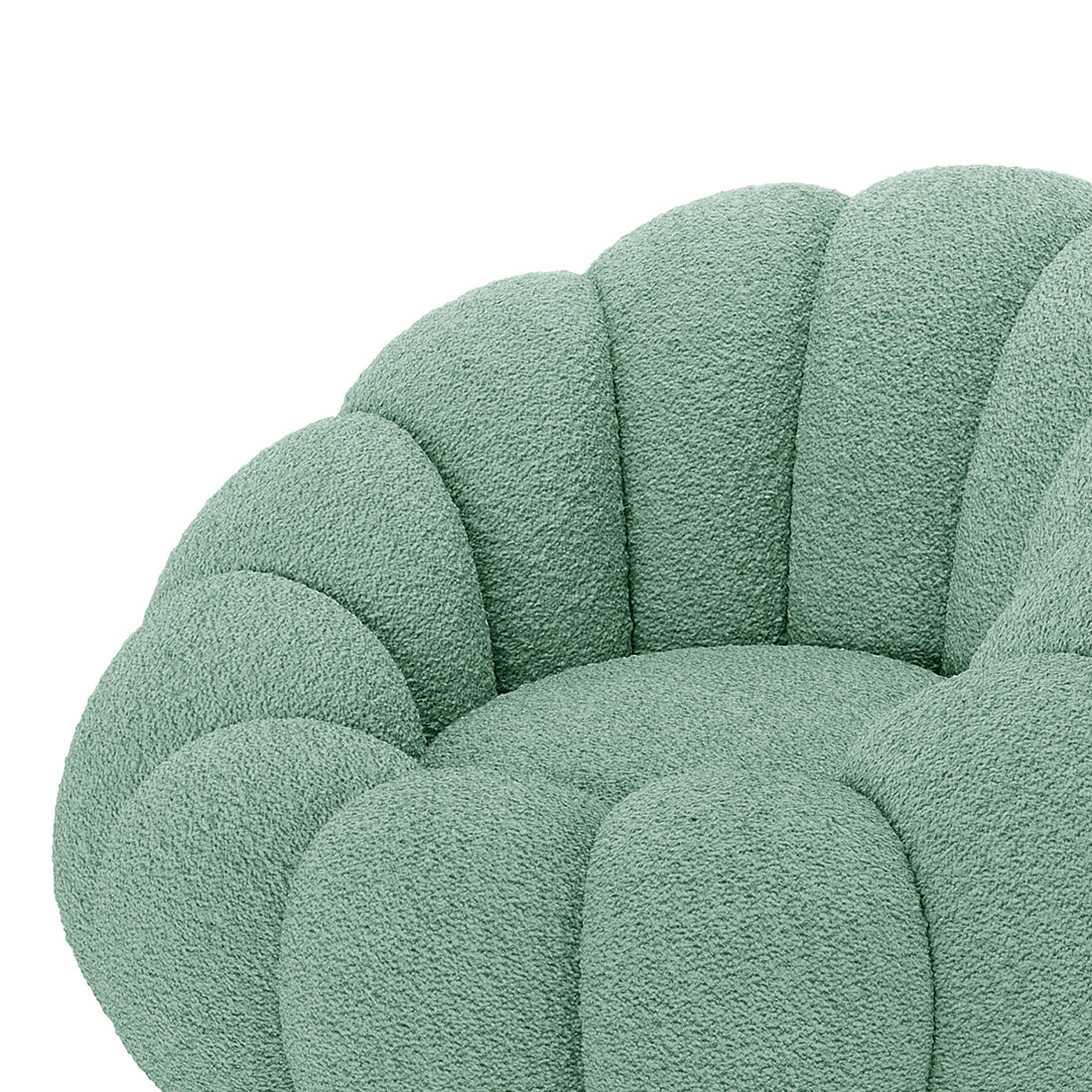 Beare Boucle Swivel Gold Base Accent Chair in Light Green features a plush, sculptural appearance with mint-green boucle upholstery, channel-stitched shell segments, and a sleek gold-finished swivel base.