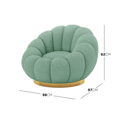 Beare Boucle Swivel Gold Base Accent Chair in Light Green features a textured sage-green bouclé upholstery, scalloped back, and gold-finished slim metal base, offering a sophisticated seating option.