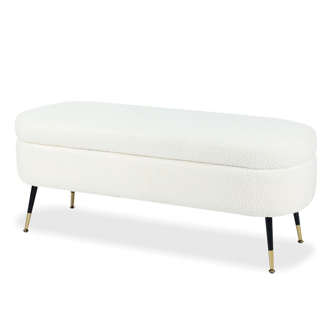 Bella 114cm Boucle Ottoman with Storage in Cream White, featuring a long oval top with textured upholstery, slender black legs, and brass-toned feet, ideal for stylish, functional seating and storage.