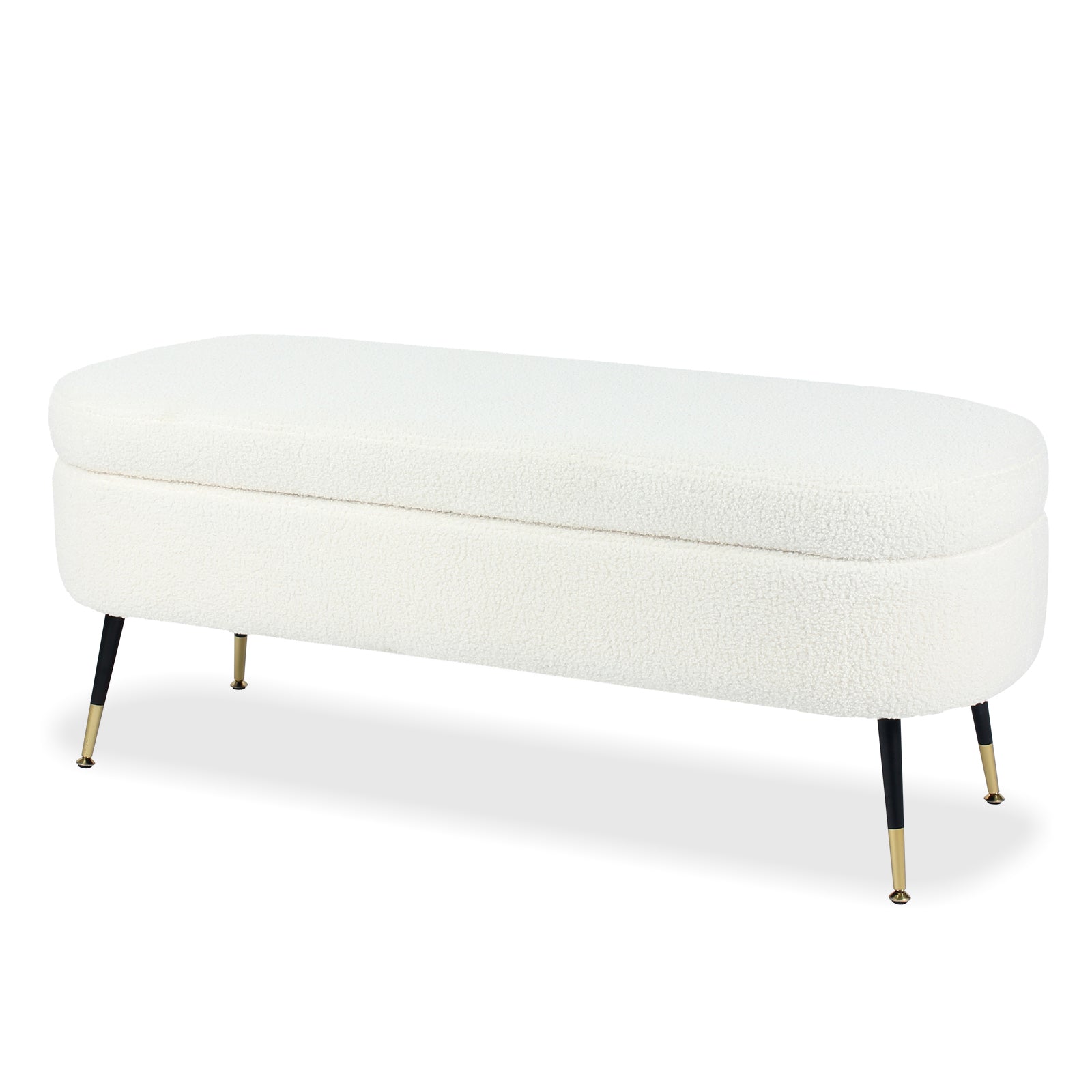 Bella 114cm Boucle Ottoman with Storage in Cream White, featuring a long oval top with textured upholstery, slender black legs, and brass-toned feet, ideal for stylish, functional seating and storage.