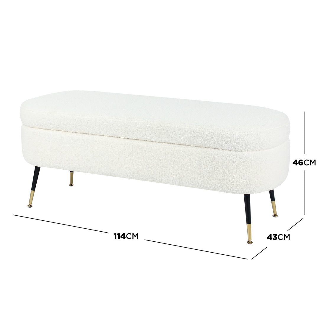 Bella 114cm Boucle Ottoman with Storage in Cream White, featuring soft boucle fabric, sleek black tapered legs with gold-plated feet, and hidden storage, ideal for compact spaces.