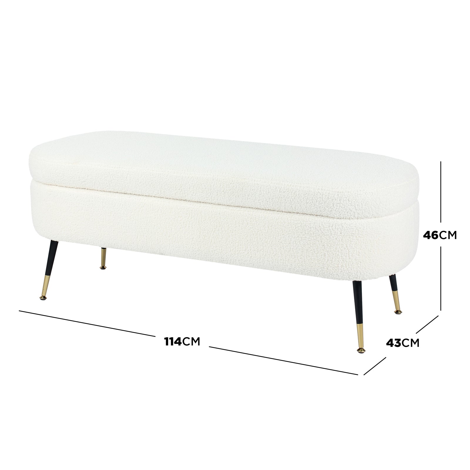 Bella 114cm Boucle Ottoman with Storage in Cream White, featuring soft boucle fabric, sleek black tapered legs with gold-plated feet, and hidden storage, ideal for compact spaces.