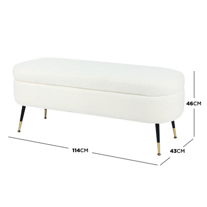 Bella 114cm Boucle Ottoman with Storage in Cream White, featuring soft boucle fabric, sleek black tapered legs with gold-plated feet, and hidden storage, ideal for compact spaces.