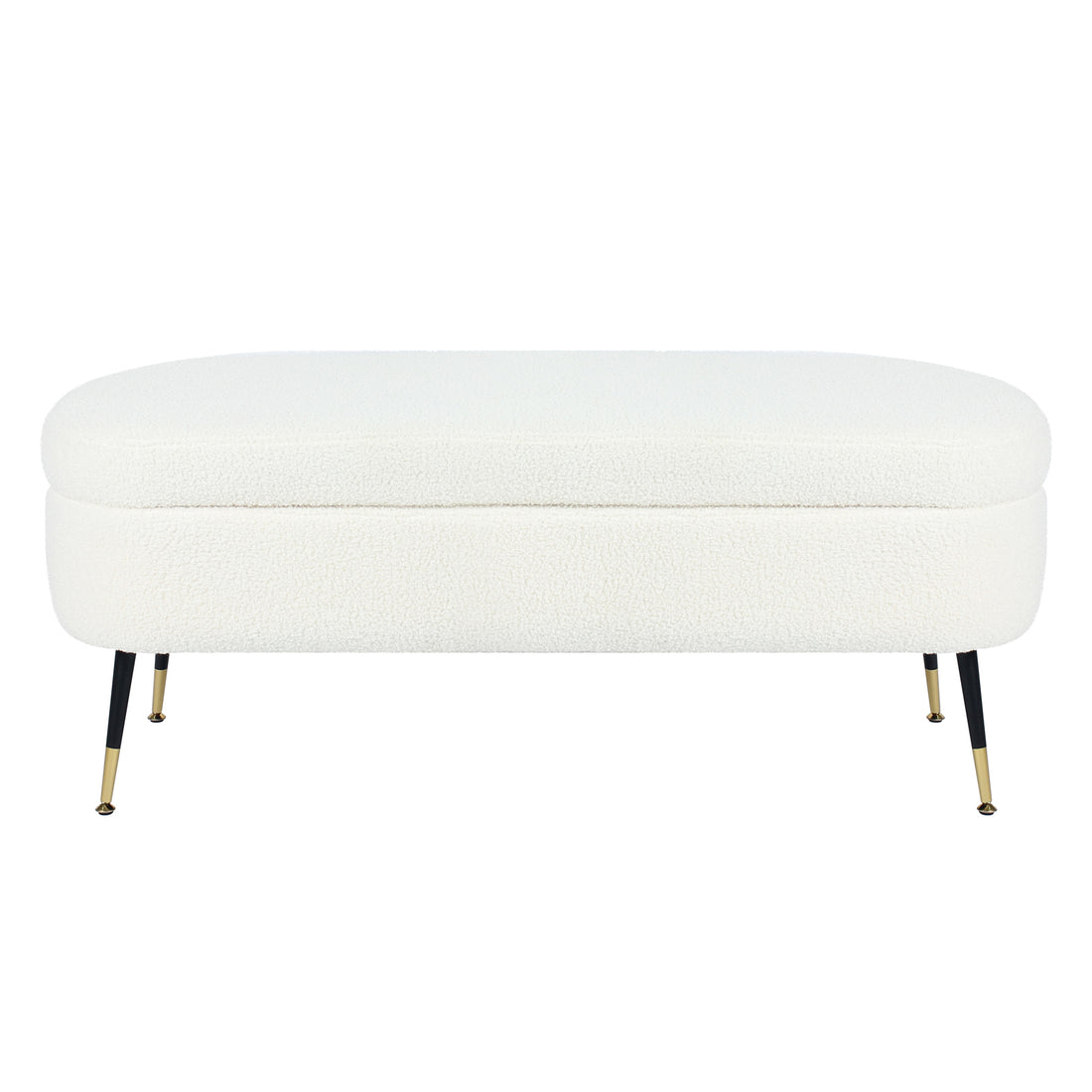 Bella 114cm Boucle Ottoman with Storage in Cream White features a modern design with a rounded top, slender black metal legs with brass feet, and boucle fabric, offering both style and practicality.