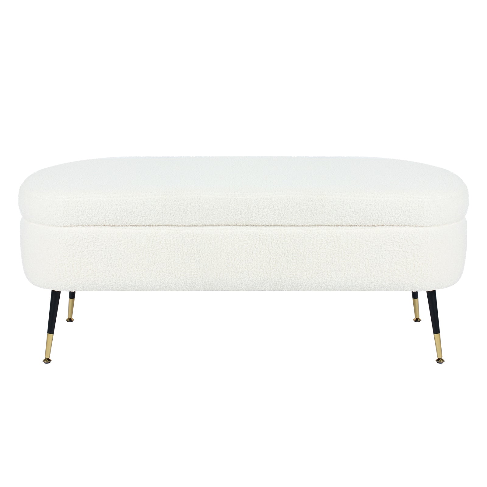 Bella 114cm Boucle Ottoman with Storage in Cream White features a modern design with a rounded top, slender black metal legs with brass feet, and boucle fabric, offering both style and practicality.