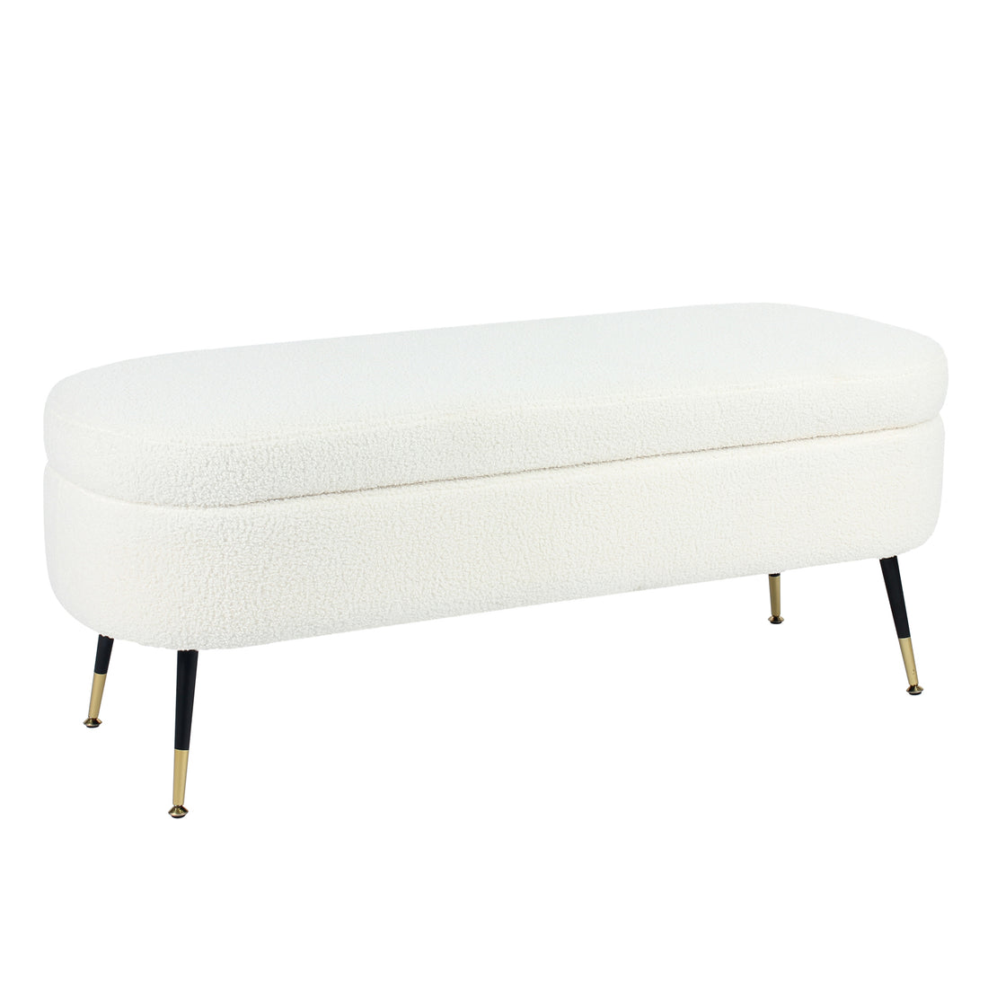 Bella 114cm Boucle Ottoman with Storage in Cream White, featuring a modern oval design with soft boucle fabric, supported by slender black legs with gold-tone tips, offering both style and practicality.
