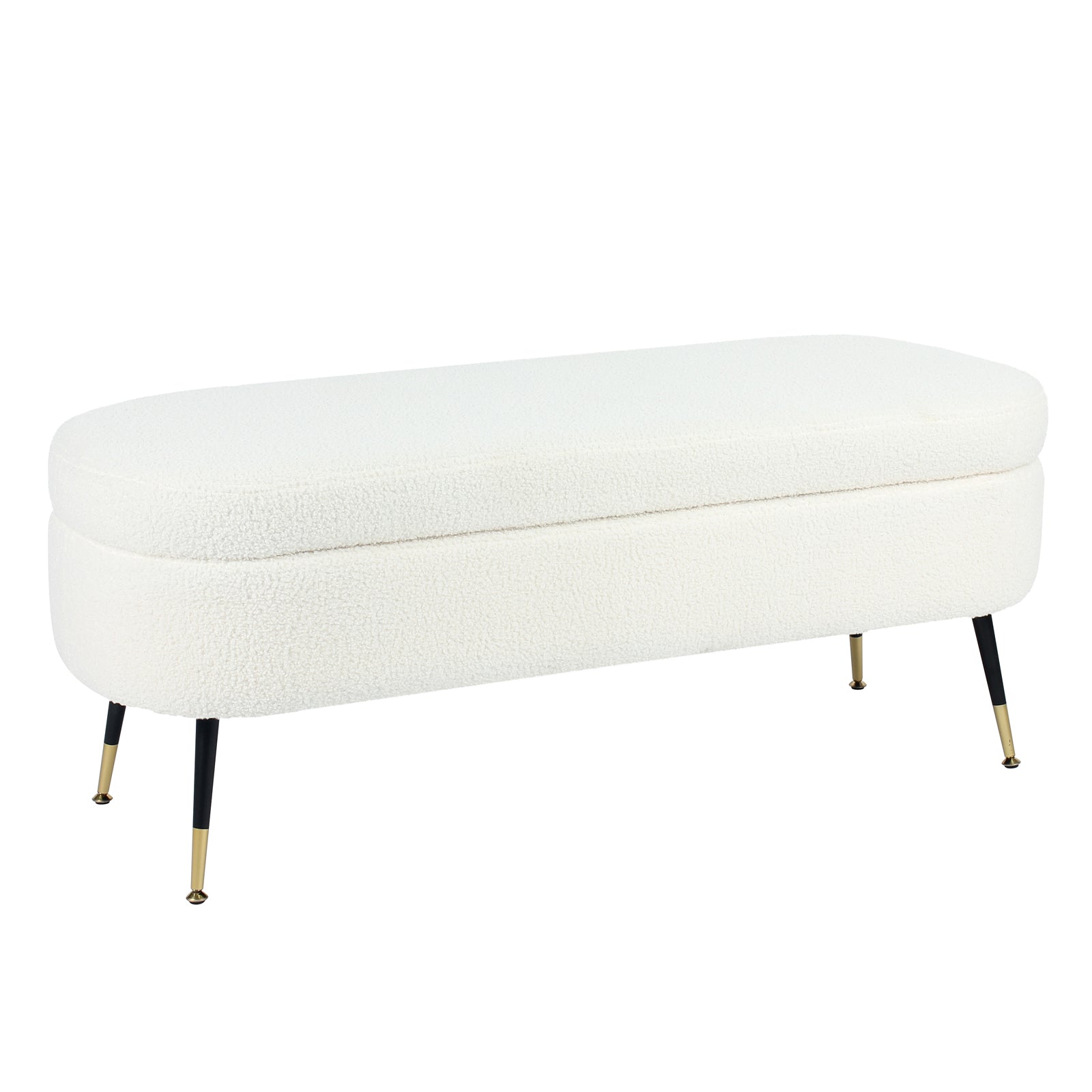 Bella 114cm Boucle Ottoman with Storage in Cream White, featuring a modern oval design with soft boucle fabric, supported by slender black legs with gold-tone tips, offering both style and practicality.