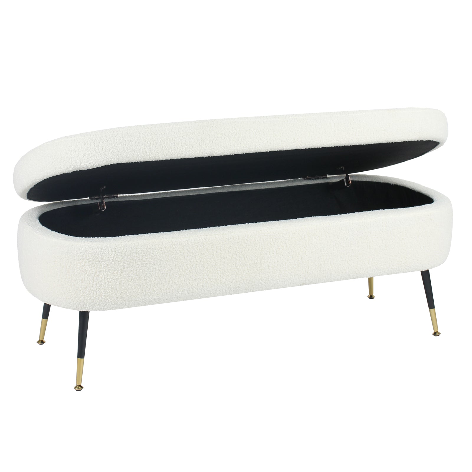 Bella 114cm Boucle Ottoman with Storage in Cream White, featuring a hinged top revealing a black-lined interior. Upholstered in soft bouclé fabric, it stands on slender metal legs with gold-tone caps.