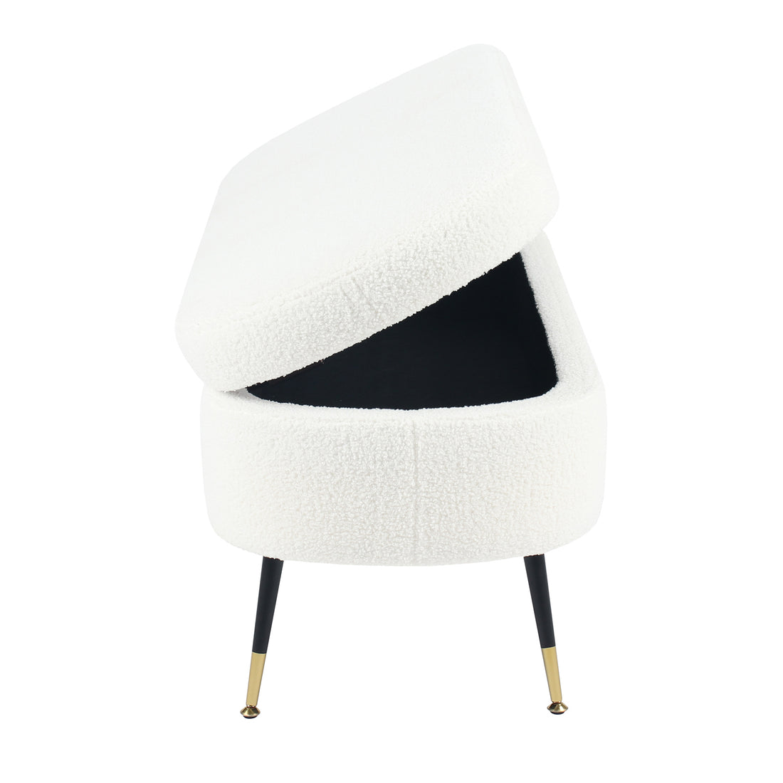 Bella 114cm Boucle Ottoman with Storage in Cream White, featuring white bouclé upholstery, hinged lift-up top for hidden storage, and three slender black metal legs with gold-tone tips.