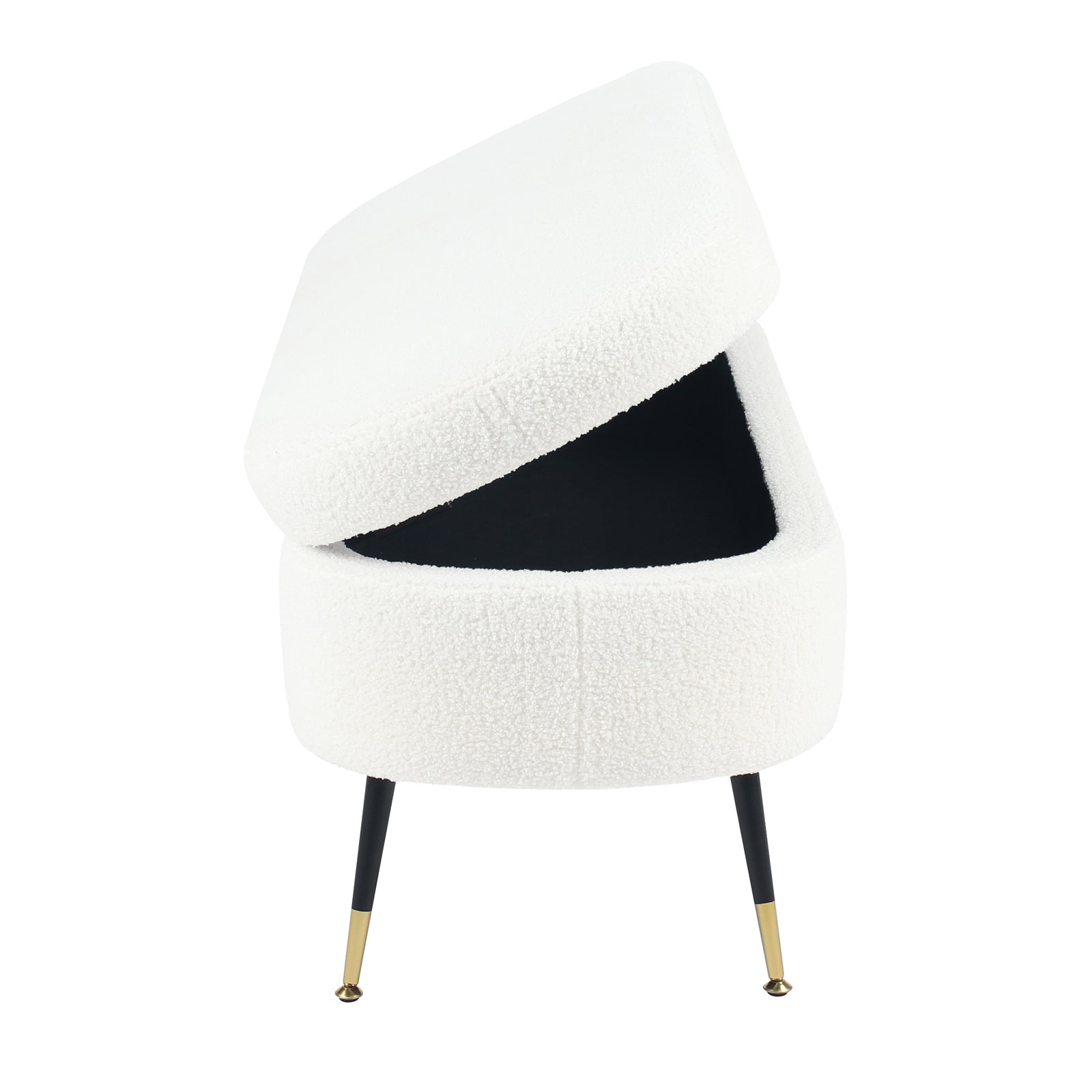 Bella 114cm Boucle Ottoman with Storage in Cream White, featuring white bouclé upholstery, hinged lift-up top for hidden storage, and three slender black metal legs with gold-tone tips.
