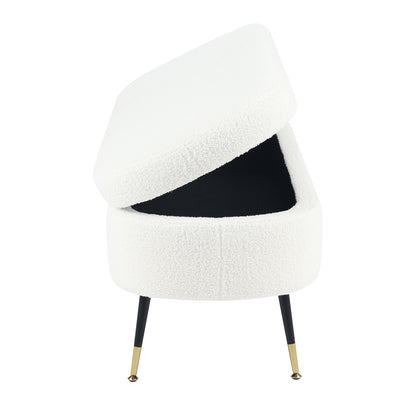 Bella 114cm Boucle Ottoman with Storage in Cream White, featuring white bouclé upholstery, hinged lift-up top for hidden storage, and three slender black metal legs with gold-tone tips.