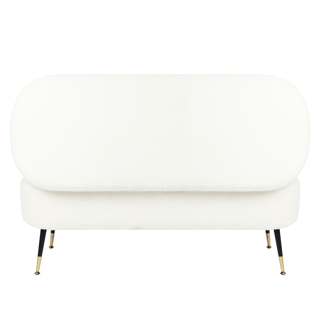 Bella 114cm Boucle Ottoman with Storage in Cream White; features a rounded back cushion, pill-shaped seat, white bouclé fabric, and slender black metal legs with brass tips, offering stylish extra seating and storage.