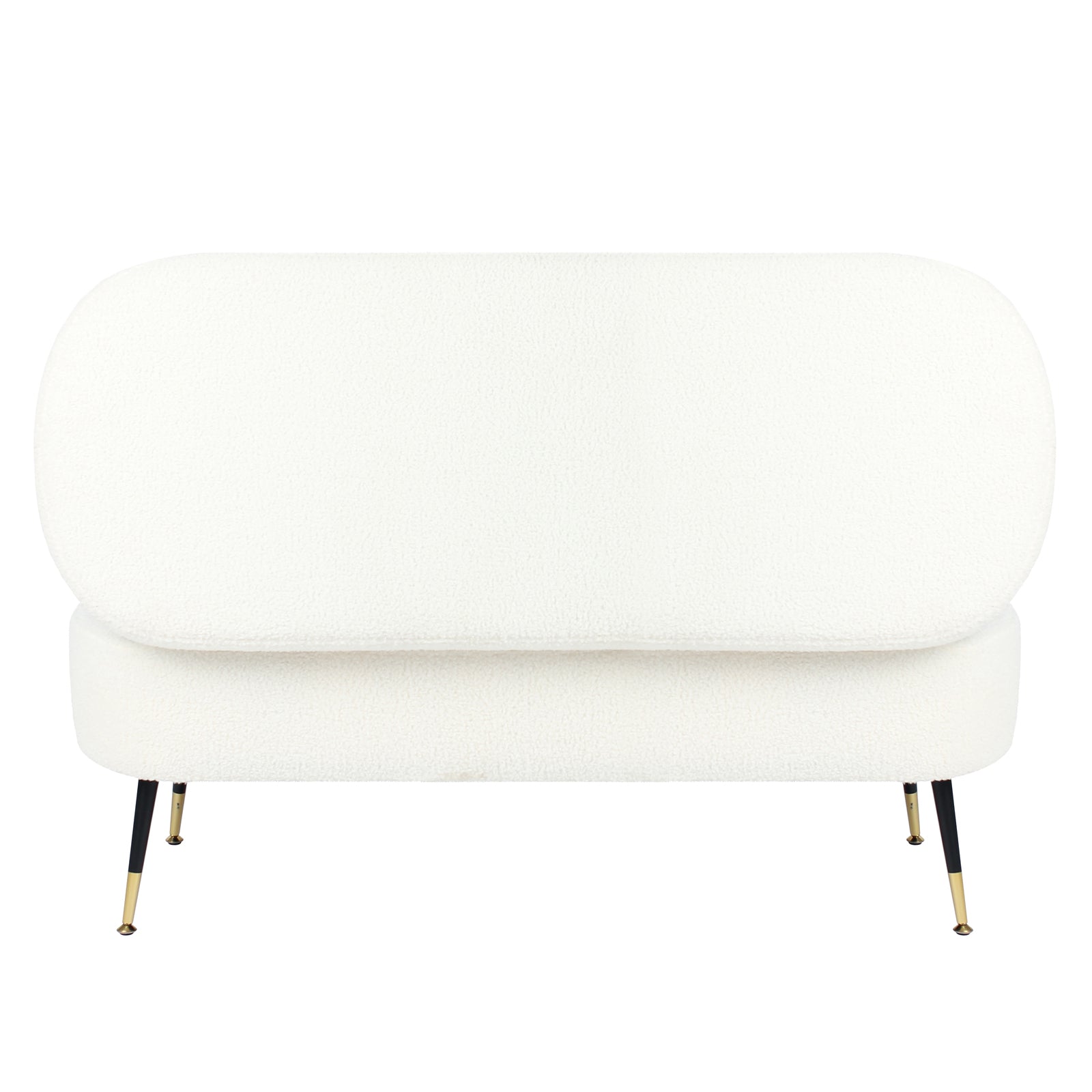 Bella 114cm Boucle Ottoman with Storage in Cream White; features a rounded back cushion, pill-shaped seat, white bouclé fabric, and slender black metal legs with brass tips, offering stylish extra seating and storage.