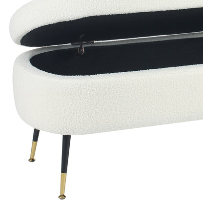 Bella 114cm Boucle Ottoman with Storage in Cream White, featuring a hinged top revealing a black-lined interior, upholstered in boucle fabric, with four tapered metal legs in black with brass tips.