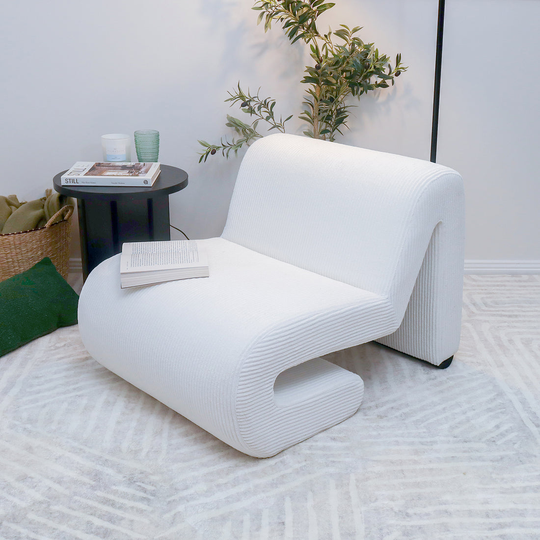 Bengtaz Corduroy Armless Curved Accent Chair - White - Lifestyle