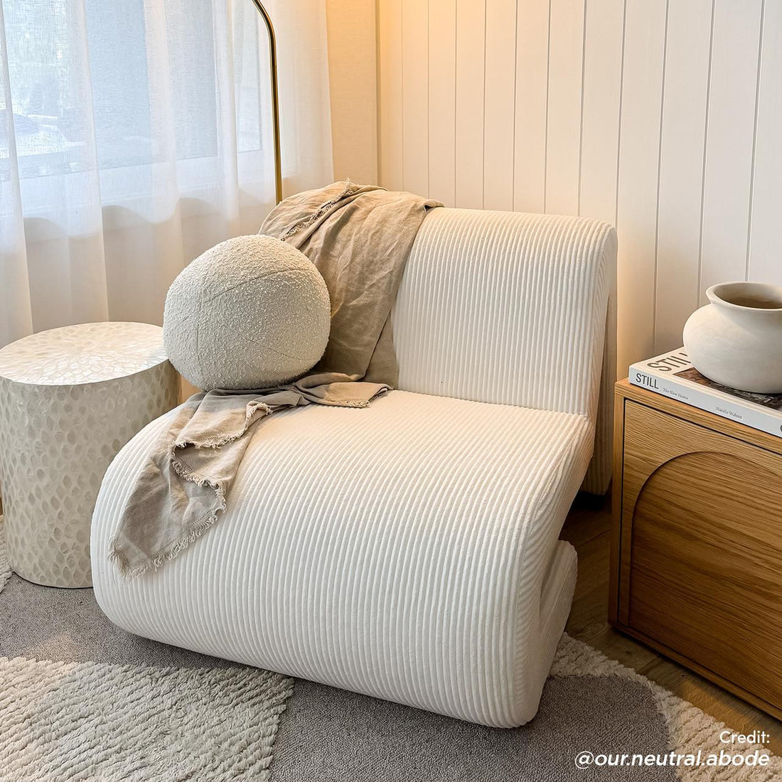 Bengtaz Corduroy Armless Curved Accent Chair - White - Lifestyle