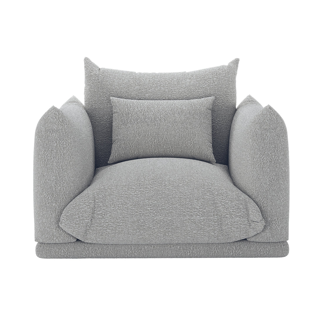 Berlin Single Seater Boucle Sofa with Pillow in Grey features oversized rounded armrests, a deep plush seat, tall back cushion, and additional lumbar pillow, showcasing modern elegance and inviting comfort.