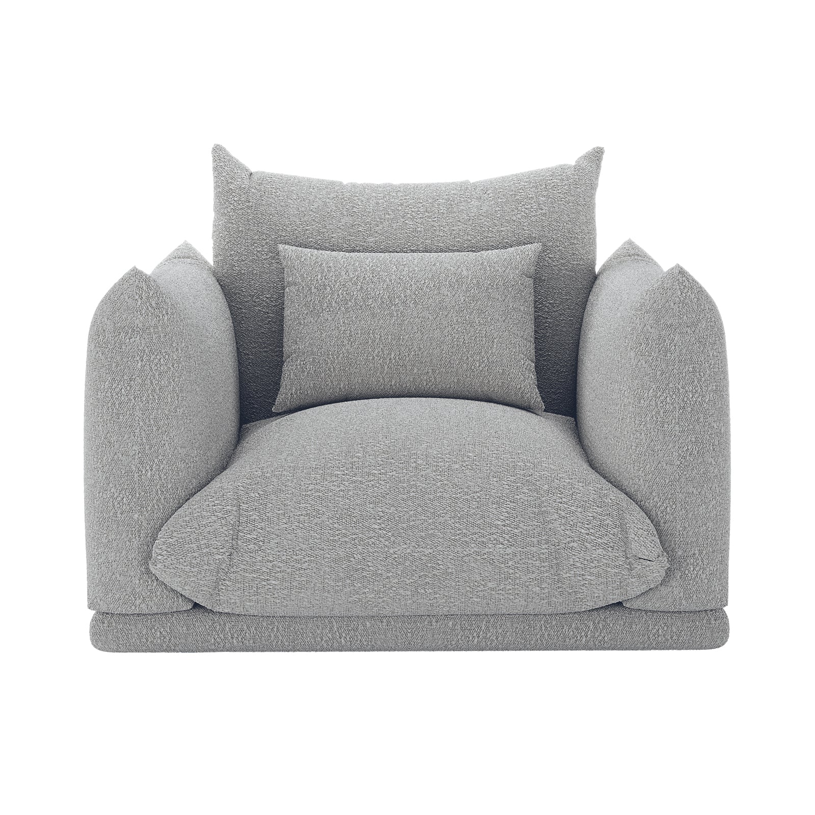 Berlin Single Seater Boucle Sofa with Pillow in Grey features oversized rounded armrests, a deep plush seat, tall back cushion, and additional lumbar pillow, showcasing modern elegance and inviting comfort.