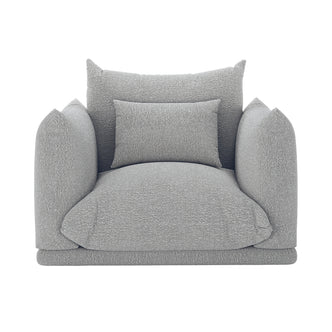 Berlin Single Seater Boucle Sofa with Pillow in Grey features oversized rounded armrests, a deep plush seat, tall back cushion, and additional lumbar pillow, showcasing modern elegance and inviting comfort.
