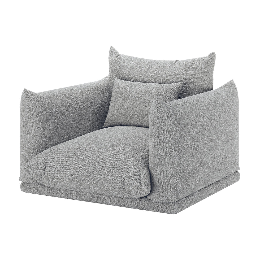 Berlin Single Seater Boucle Sofa with Pillow in Grey, featuring a light-gray textured fabric, cushioned seat, tall armrests, supportive back cushion, and a small lumbar pillow on a white background.
