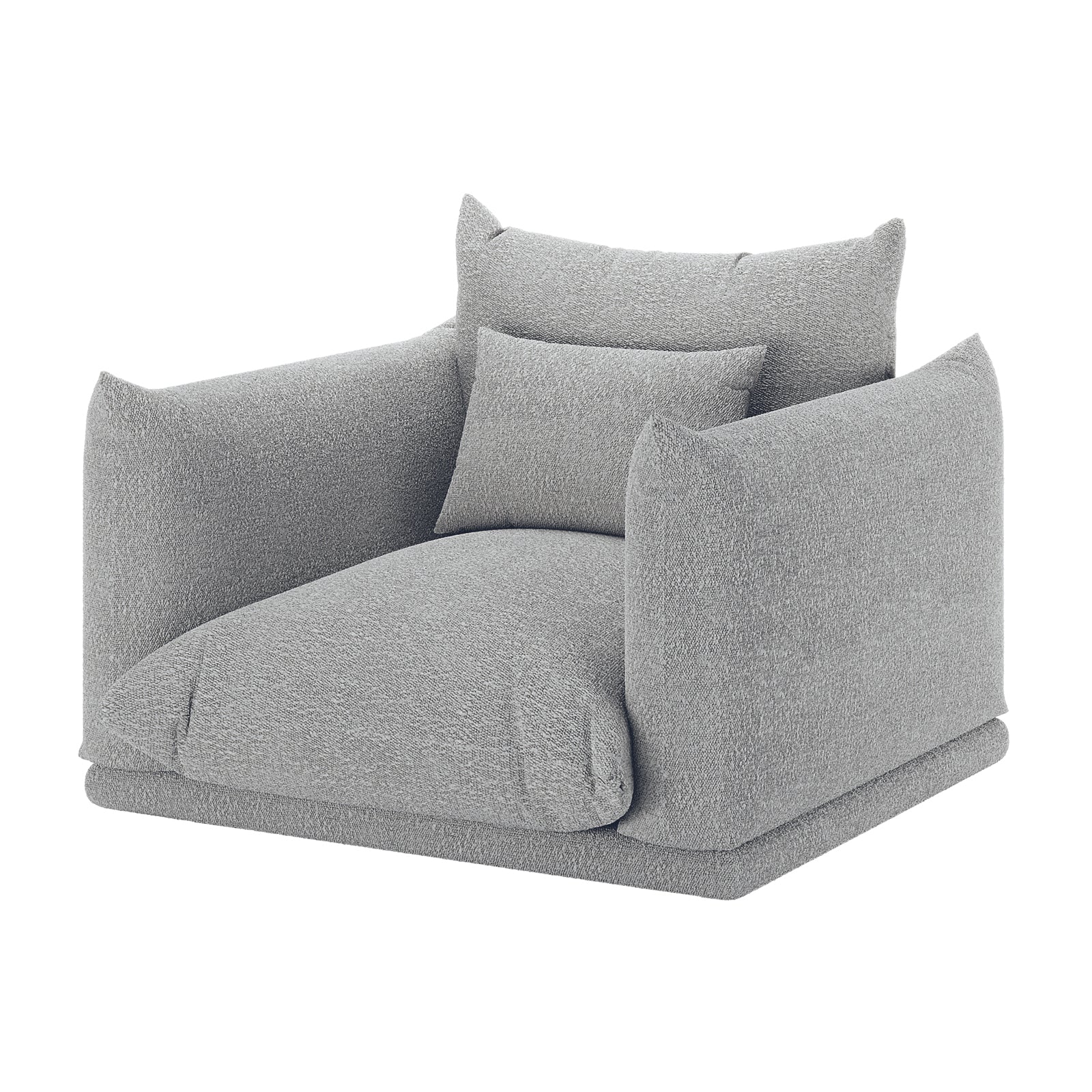 Berlin Single Seater Boucle Sofa with Pillow in Grey, featuring a light-gray textured fabric, cushioned seat, tall armrests, supportive back cushion, and a small lumbar pillow on a white background.