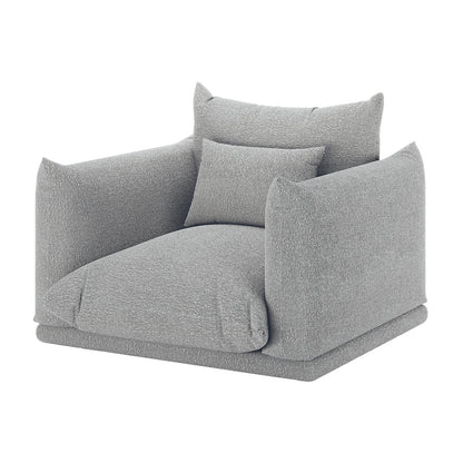 Berlin Single Seater Boucle Sofa with Pillow in Grey, featuring a light-gray textured fabric, cushioned seat, tall armrests, supportive back cushion, and a small lumbar pillow on a white background.