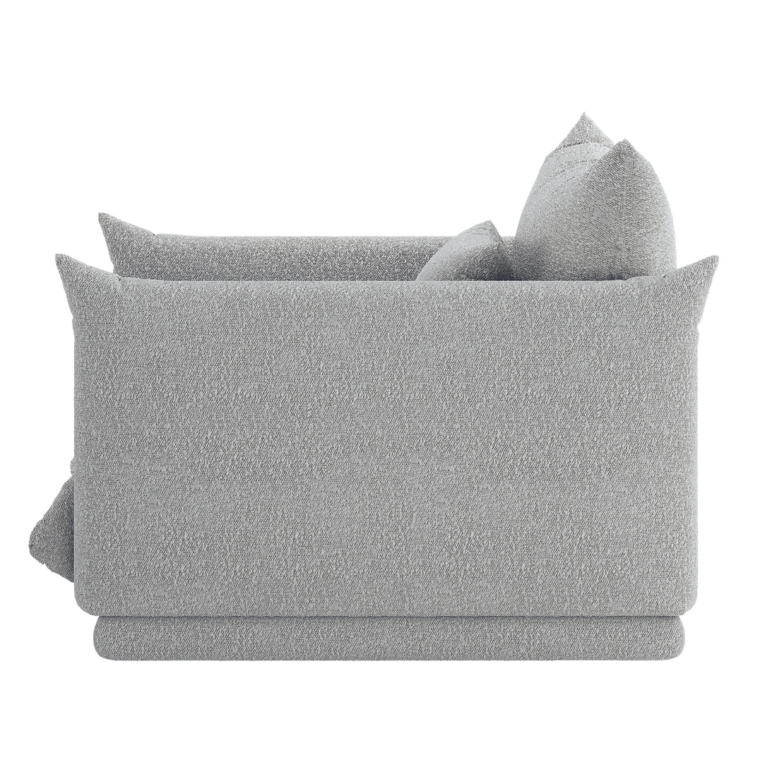 Berlin Single Seater Boucle Sofa with Pillow in Grey, featuring a modern design with boxy arms and multiple matching throw cushions, viewed from the side. Upholstered in light gray fabric.