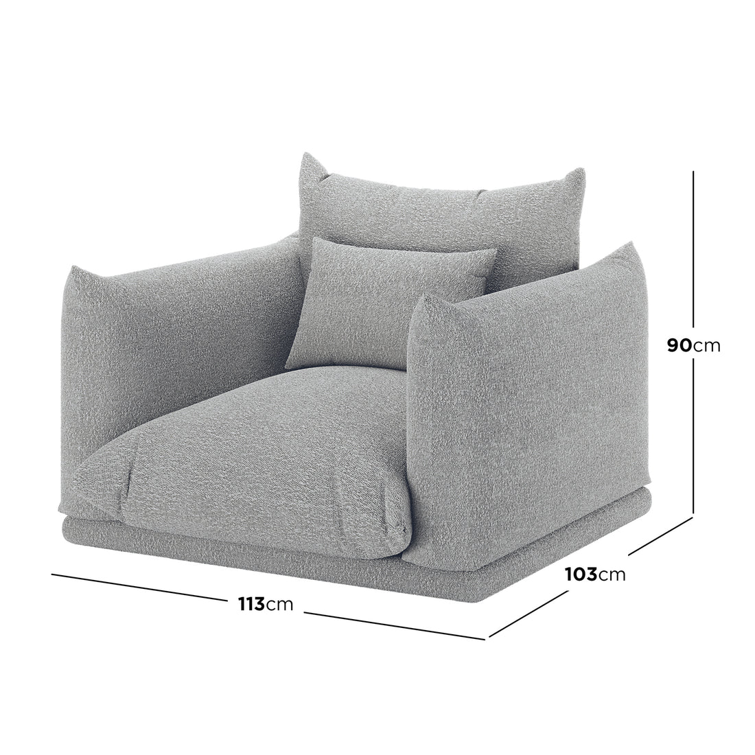 Berlin Single Seater Boucle Sofa with Pillow in Grey, featuring a low-slung design with overstuffed cushions and textured light-grey upholstery, perfect for adding comfort and style to any space.