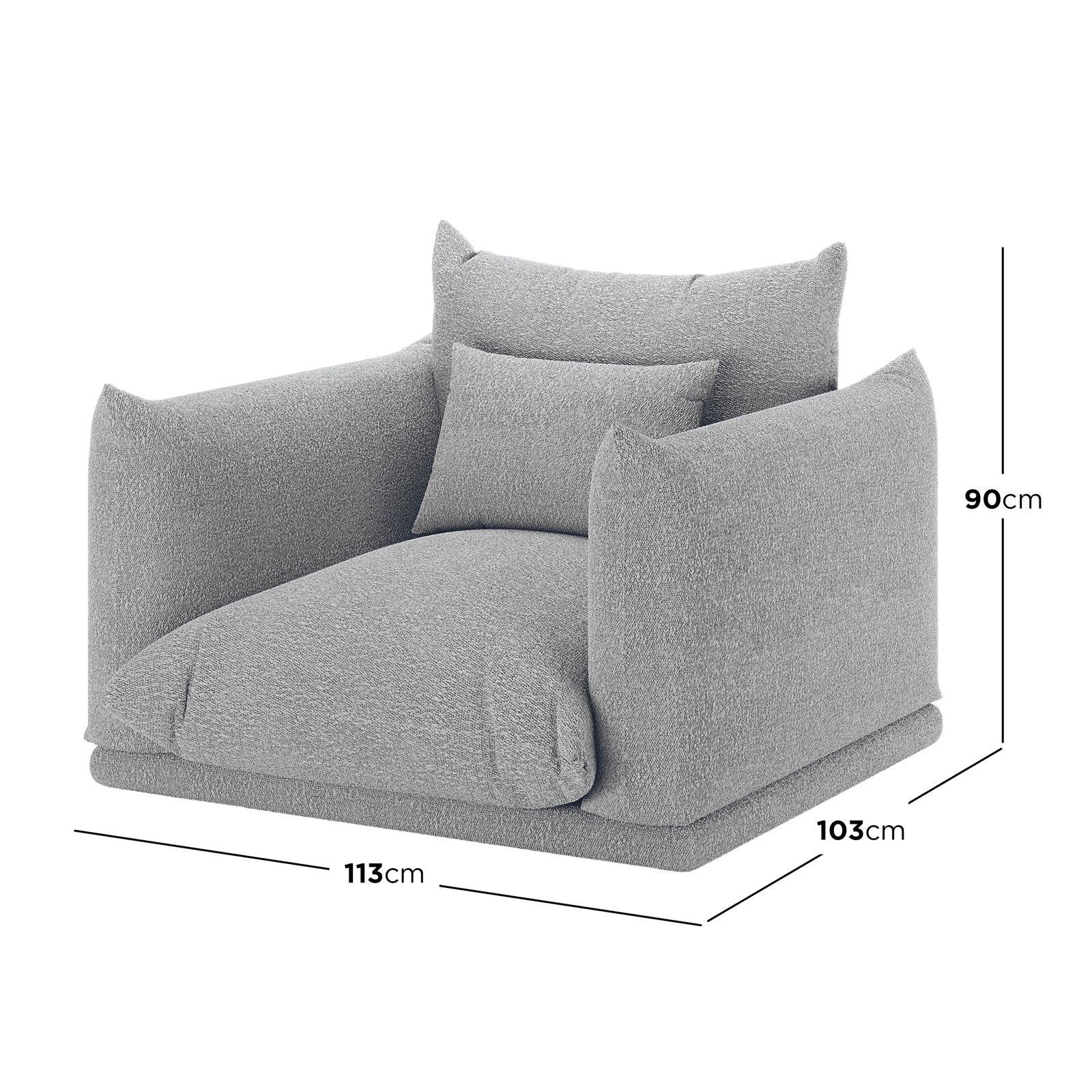 Berlin Single Seater Boucle Sofa with Pillow in Grey, featuring a low-slung design with overstuffed cushions and textured light-grey upholstery, perfect for adding comfort and style to any space.