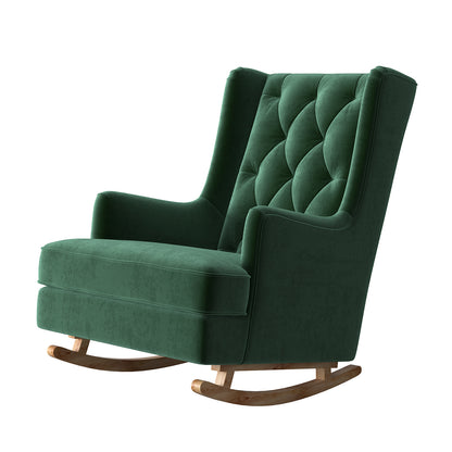 Brandt 2-in-1 Convertible Rocking Armchair in Dark Forest Green, featuring a plush velvet upholstery, deep button-tufted wingback, ergonomic armrests, and solid wooden legs for rocking or stationary use.