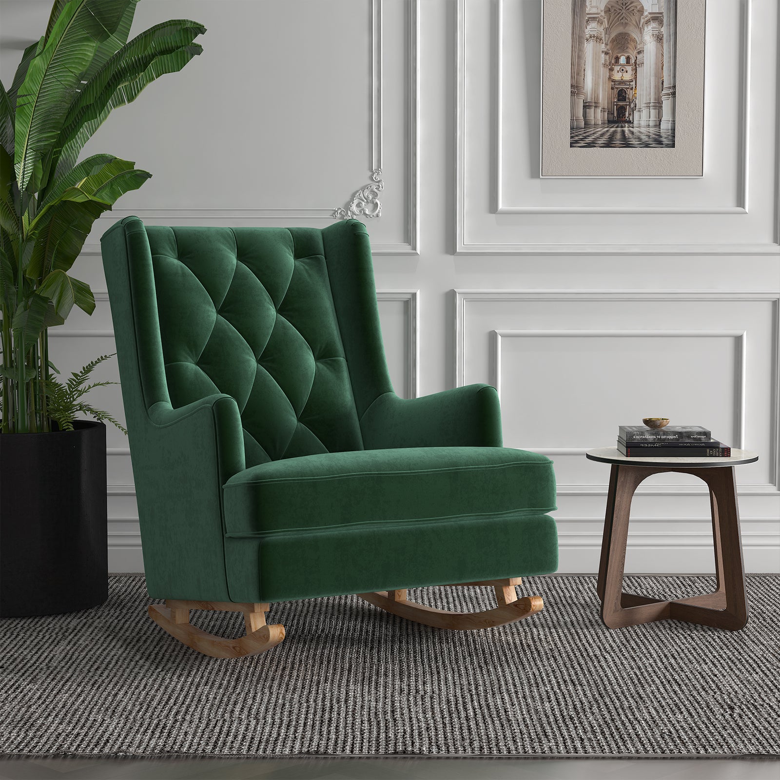 Brandt 2-in-1 Convertible Rocking Armchair in Dark Forest Green, upholstered in plush velvet with button-tufted wingback design, stands in front of a white door, showcasing its versatility and elegance.