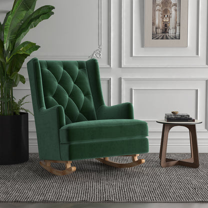 Brandt 2-in-1 Convertible Rocking Armchair in Dark Forest Green, upholstered in plush velvet with button-tufted wingback design, stands in front of a white door, showcasing its versatility and elegance.