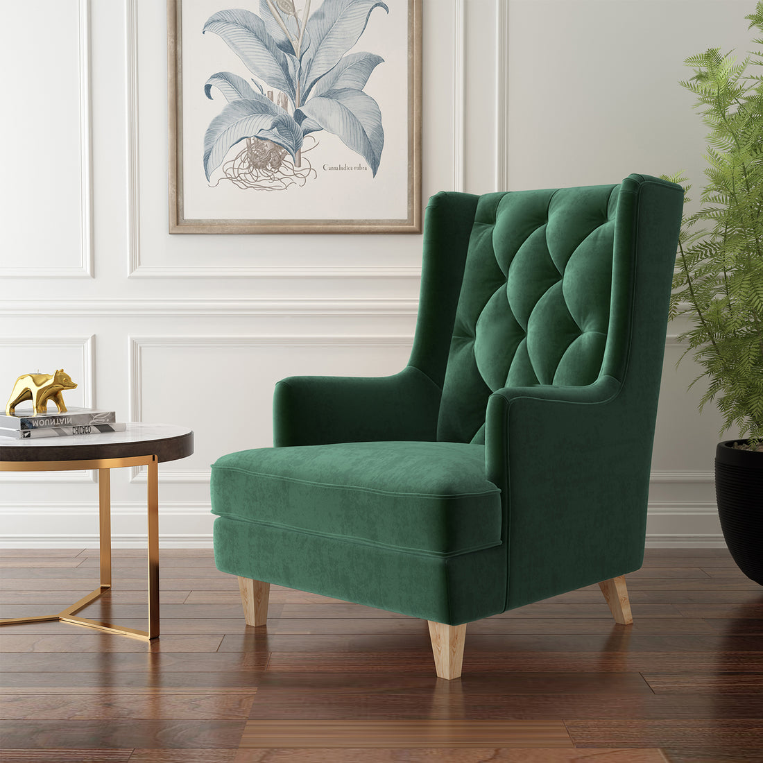 Brandt 2-in-1 Convertible Rocking Armchair in view, showcasing its plush velvet upholstery and button-tufted wingback design, with versatile legs for rocking or stationary use.