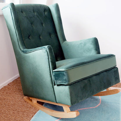 Brandt 2-in-1 Convertible Rocking Armchair – Dark Forest Green, featuring plush velvet upholstery, button-tufted wingback, ergonomic armrests, and solid pine wood legs, ideal for versatile seating in any space.