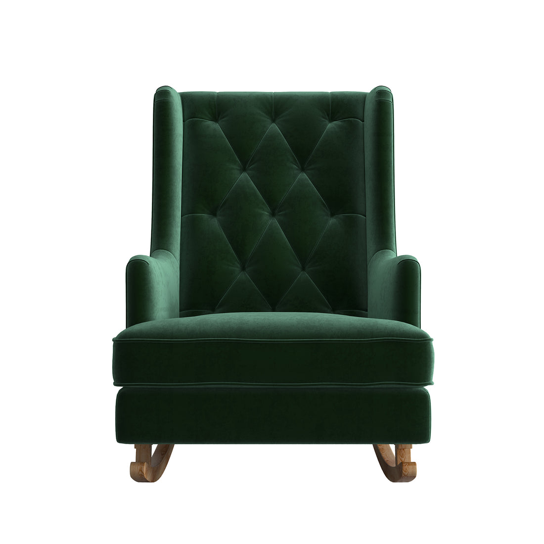 Brandt 2-in-1 Convertible Rocking Armchair in Dark Forest Green, showcasing plush velvet upholstery, button-tufted wingback, and solid pine wood legs, convertible between rocking and stationary positions.