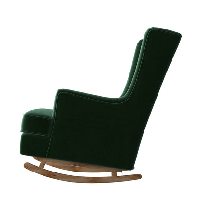 Brandt 2-in-1 Convertible Rocking Armchair features a green velvet upholstery with button-tufted wingback, wooden legs for rocking or stationary use, and ergonomic armrests, showcasing elegance and versatility.