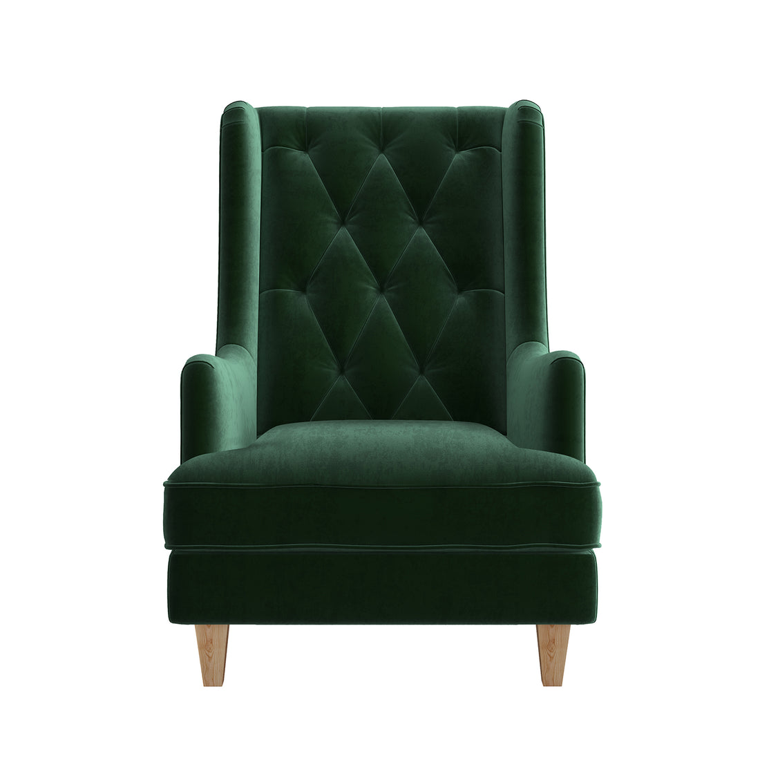 Brandt 2-in-1 Convertible Rocking Armchair in Dark Forest Green featuring plush velvet upholstery, button-tufted wingback, ergonomic armrests, and solid pine wood legs, shown with close-ups of its texture and legs.