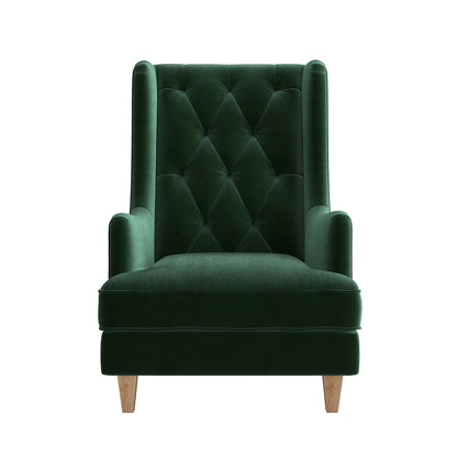 Brandt 2-in-1 Convertible Rocking Armchair in Dark Forest Green featuring plush velvet upholstery, button-tufted wingback, ergonomic armrests, and solid pine wood legs, shown with close-ups of its texture and legs.