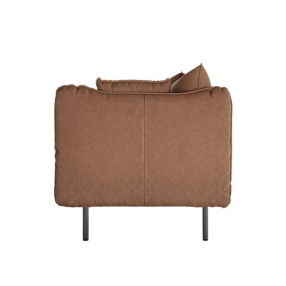 Cassian 3 Seater PU Leather Sofa in Chocolate Brown, featuring a sleek, modern design with squared-off cushions and slim metal legs, seen from the side against a white background.