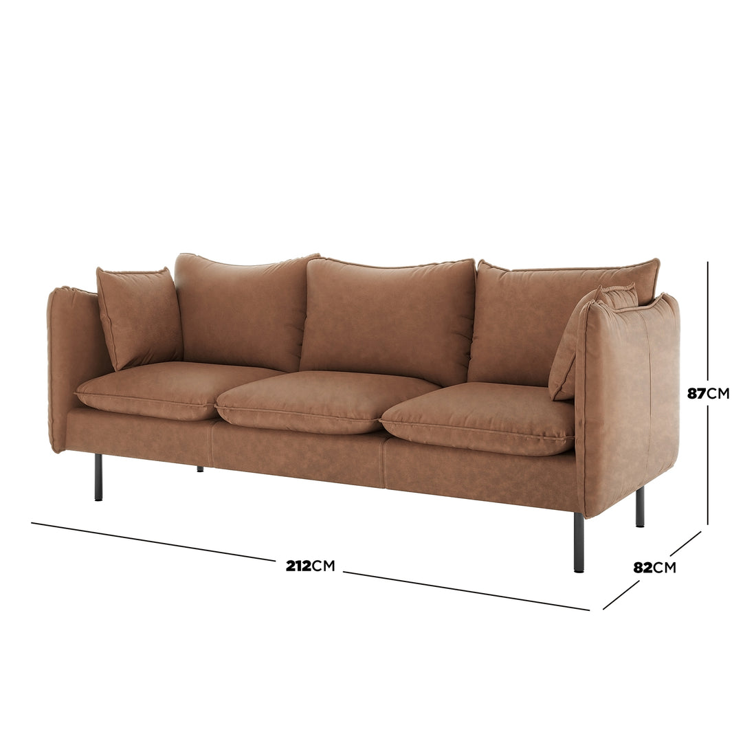 Cassian 3 Seater PU Leather Sofa in Chocolate Brown features warm tan faux-leather upholstery, three loose seat and back cushions, and slender black metal legs, with overall dimensions of 212 x 82 x 87 cm.