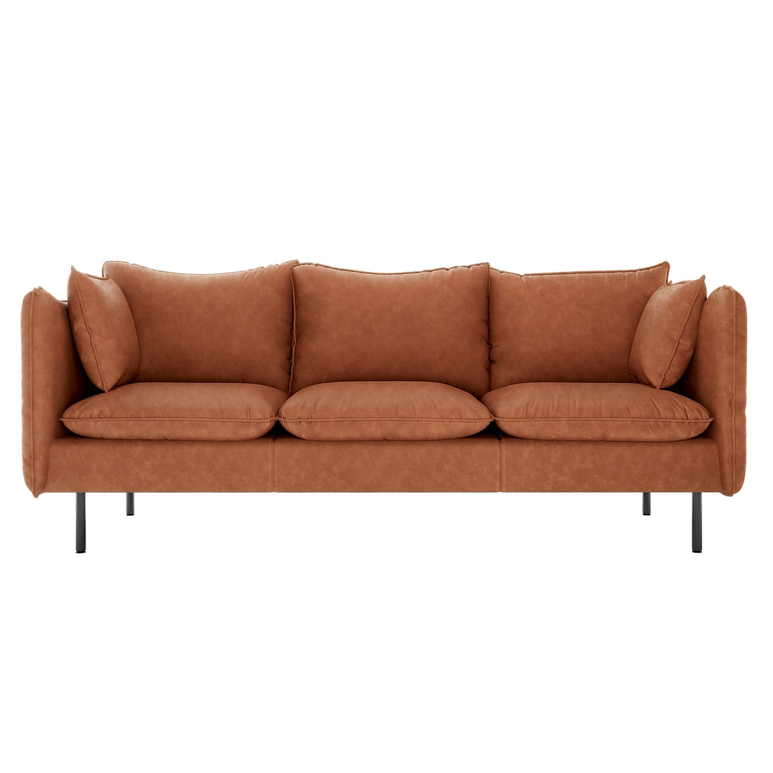 Cassian 3 Seater PU Leather Sofa in Mocha, featuring cognac-brown upholstery, plush cushions, and slender black metal legs, showcases modern elegance and luxurious comfort. Perfect for stylish, compact living spaces.