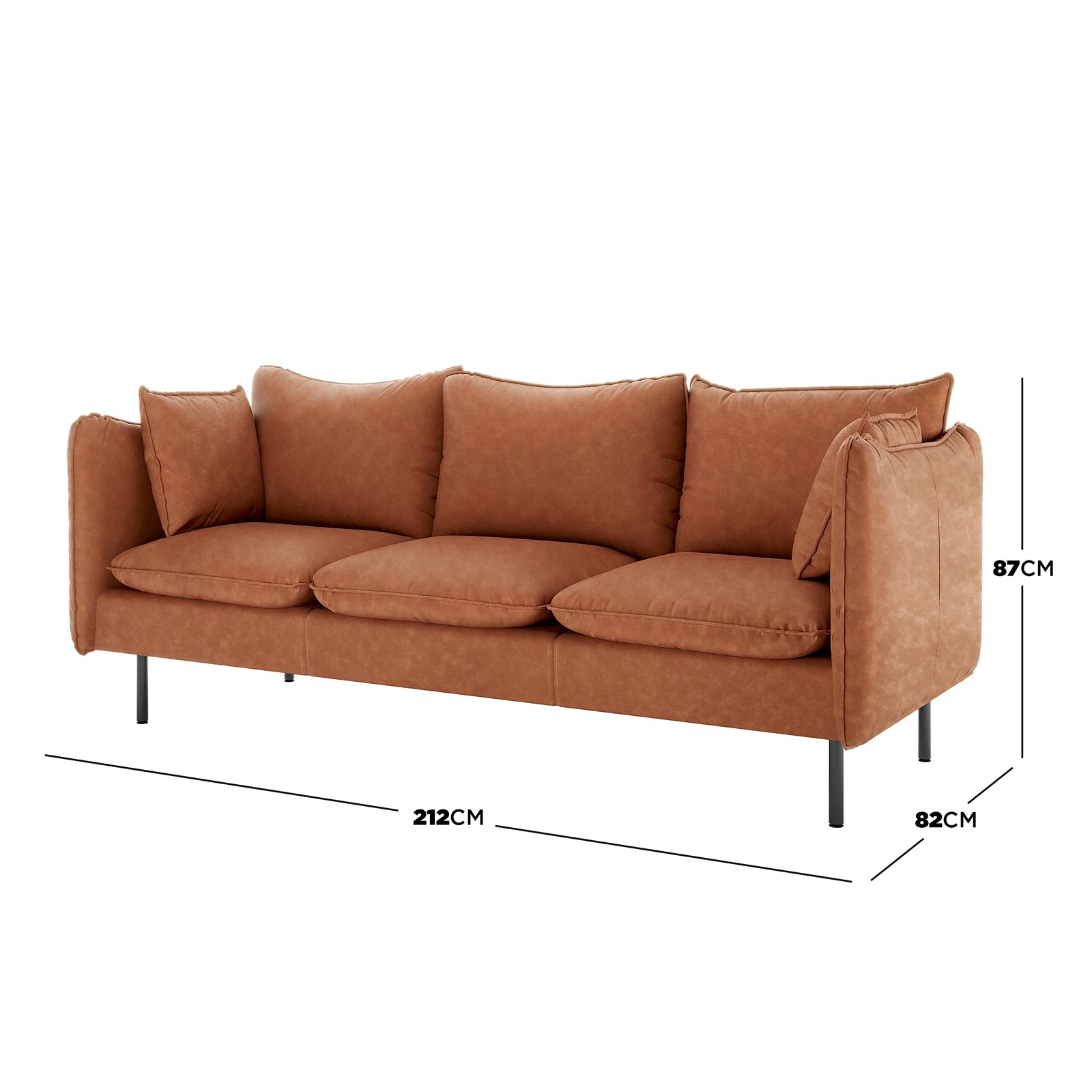 Cassian 3 Seater PU Leather Sofa in Mocha features a modern design with warm tan upholstery, slim black metal legs, bench-style seat, and loose back cushions, measuring 212cm wide, 82cm deep, 87cm tall.