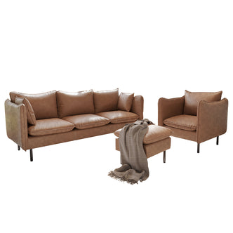 Cassian 5 Seater PU Leather Sofa Set in Chocolate Brown features a three-seat sofa, square ottoman with throw blanket, and single-seat armchair, all with modern-casual design and black metal legs.