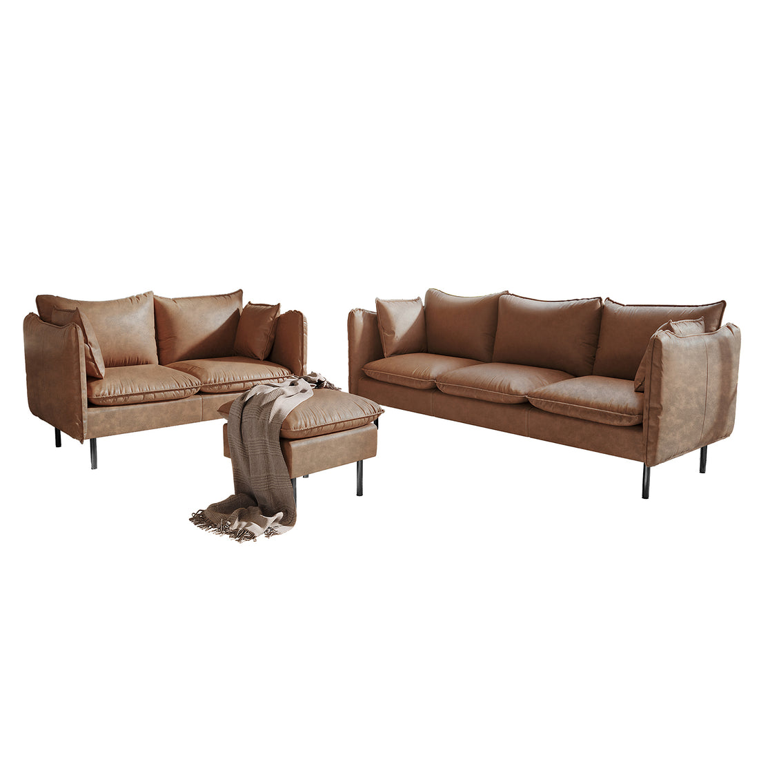 Cassian 6 Seater PU Leather Sofa Set in Chocolate Brown featuring a three-seat sofa, two-seat loveseat, and ottoman with fringed throw, all on slim metal legs for a cohesive look.